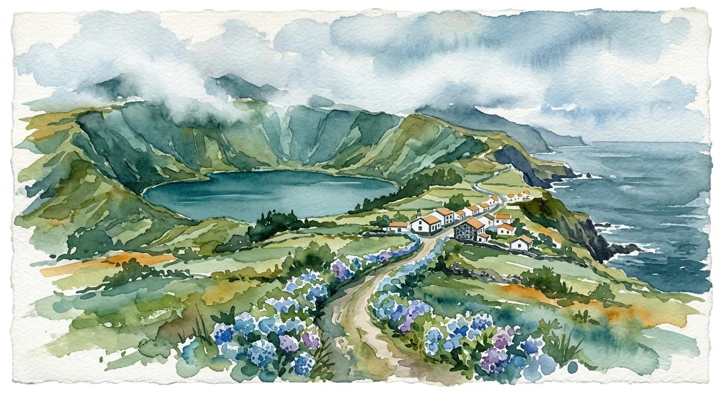 Watercolor painting of an Azores crater lake in a green caldera above whitewashed island houses and the Atlantic coast