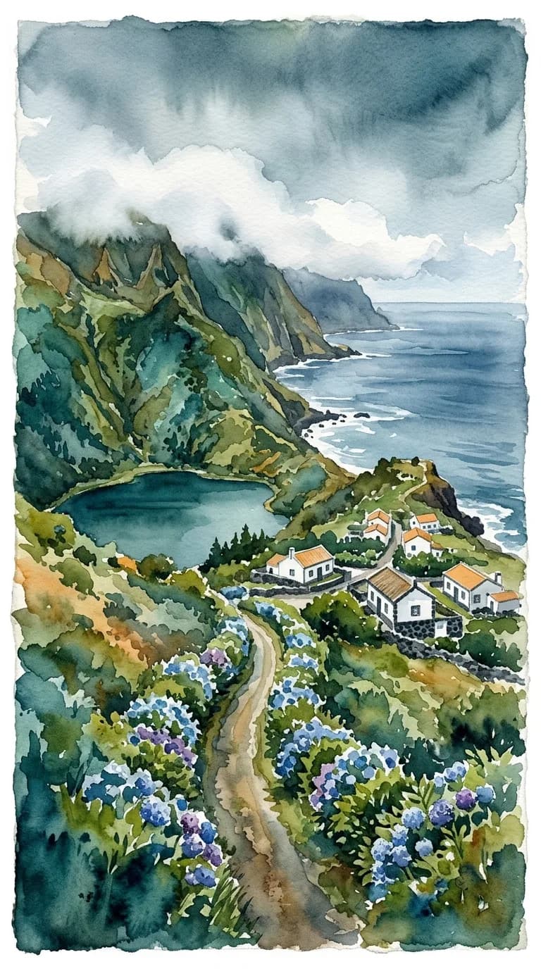 Watercolor painting of an Azores crater lake in a green caldera above whitewashed island houses and the Atlantic coast