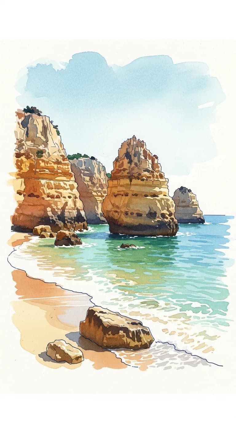 Watercolor painting of an Algarve beach cove with golden limestone cliffs and turquoise sea