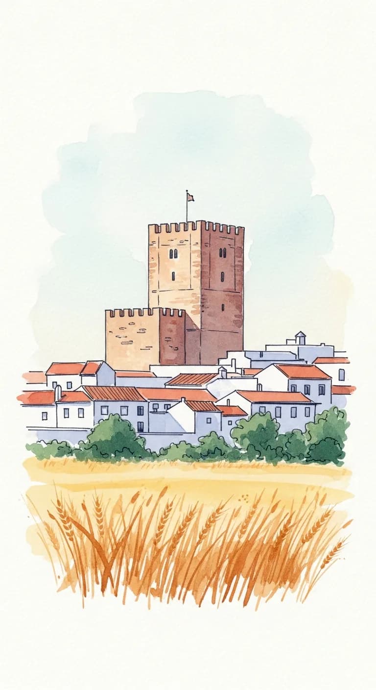 Watercolor painting of the tall medieval castle keep of Beja above whitewashed houses and the golden wheat plains of the Baixo Alentejo
