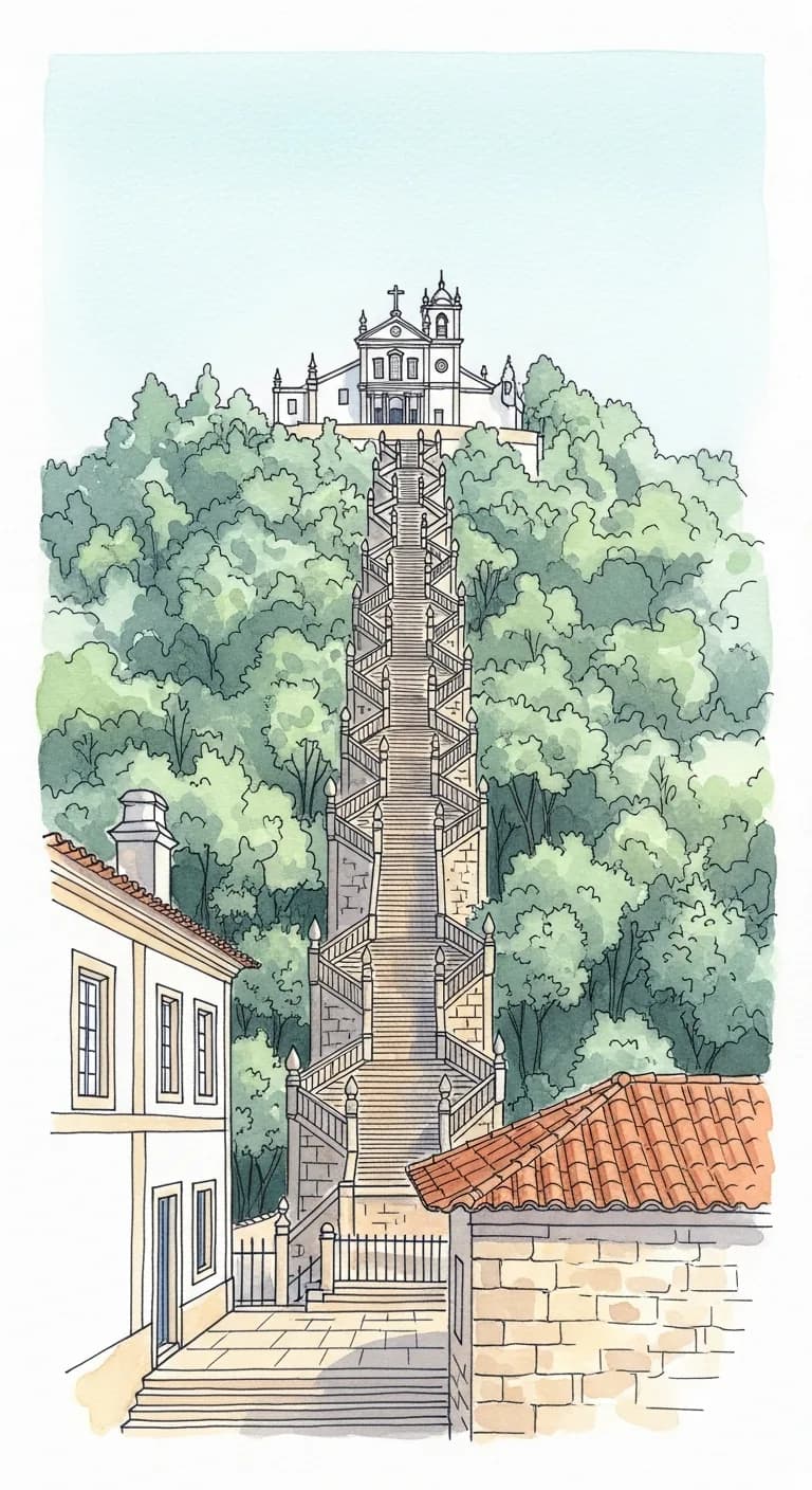 Watercolor painting of the Bom Jesus do Monte baroque staircase climbing through green woodland above Braga