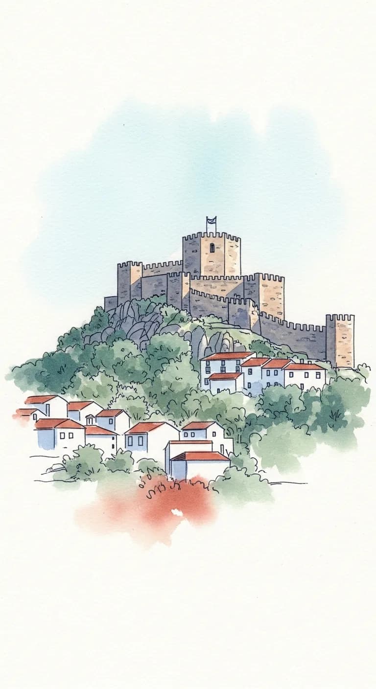 Watercolor painting of the medieval hilltop citadel and stone keep of Bragança rising above the Trás-os-Montes hills