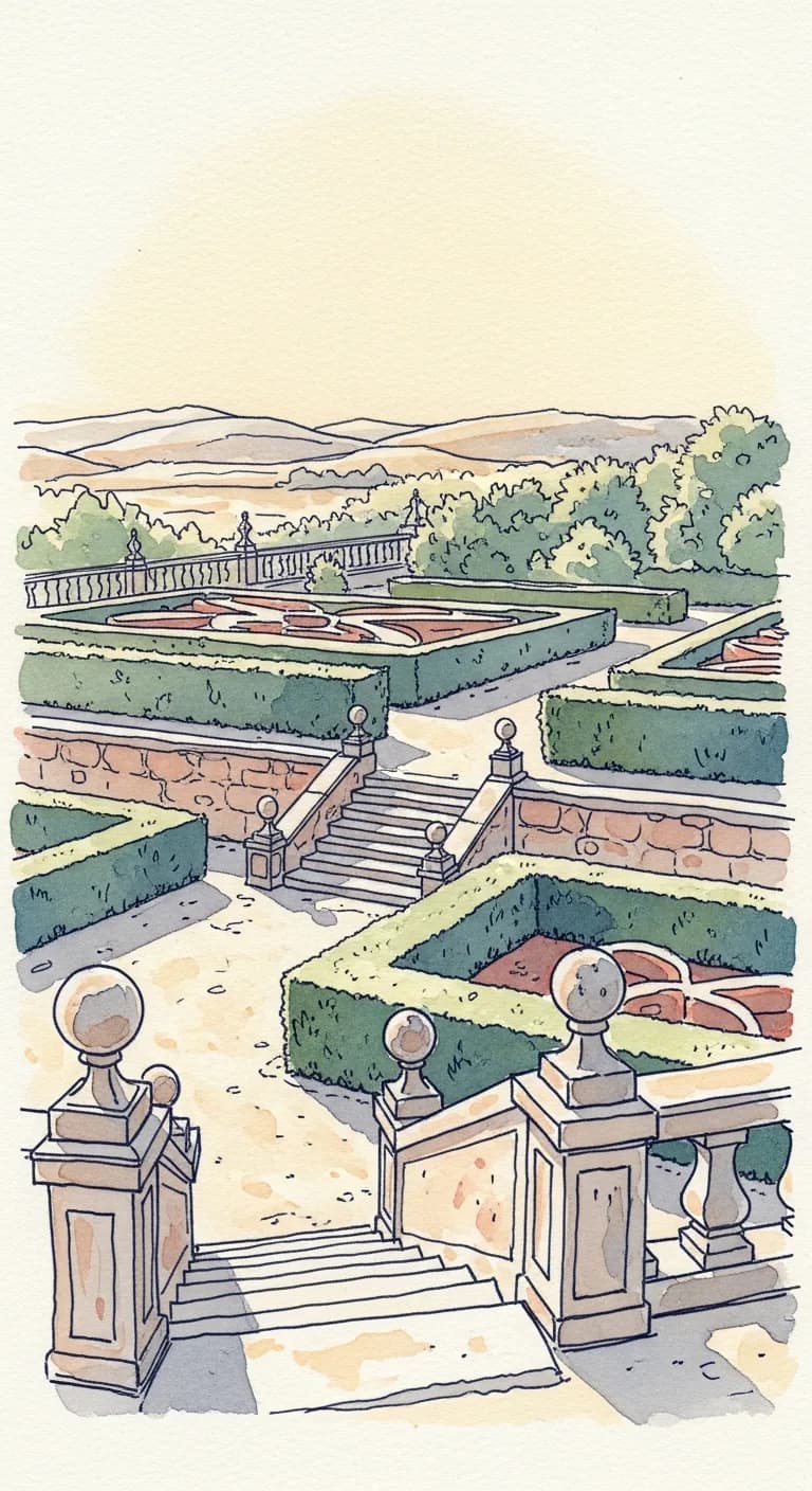 Watercolor painting of the terraced baroque Jardim do Paço garden of Castelo Branco above the granite Beira Baixa plain