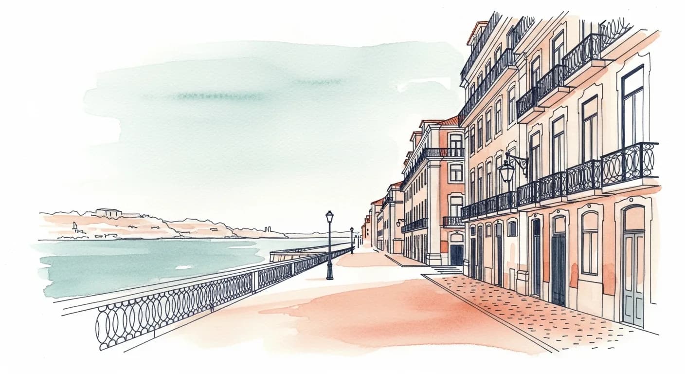 Watercolor painting of a sunlit Lisbon riverside avenue with pastel facades above the Tagus
