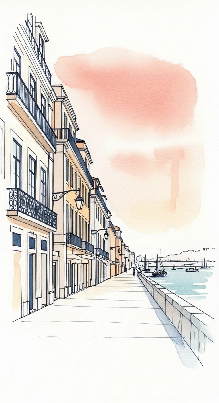 Watercolor painting of a sunlit Lisbon riverside avenue with pastel facades above the Tagus