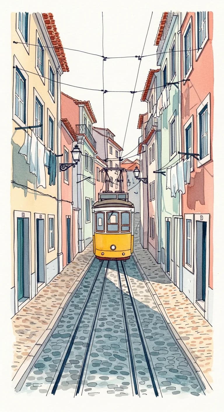 Watercolor painting of a steep Alfama street in Lisbon with a yellow tram and pastel facades