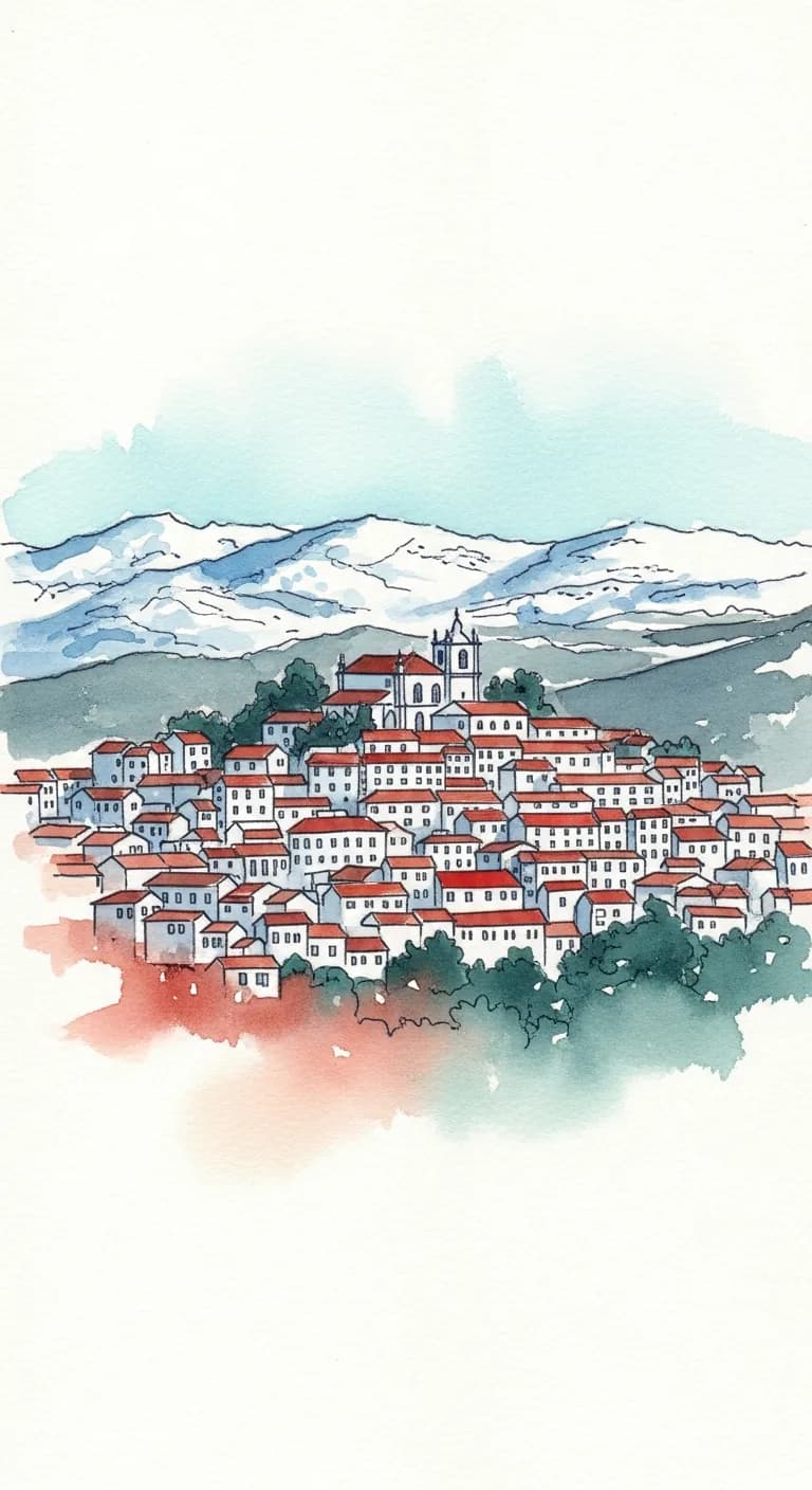 Watercolor painting of the granite hill city of Guarda with the snow-dusted Serra da Estrela mountains rising behind