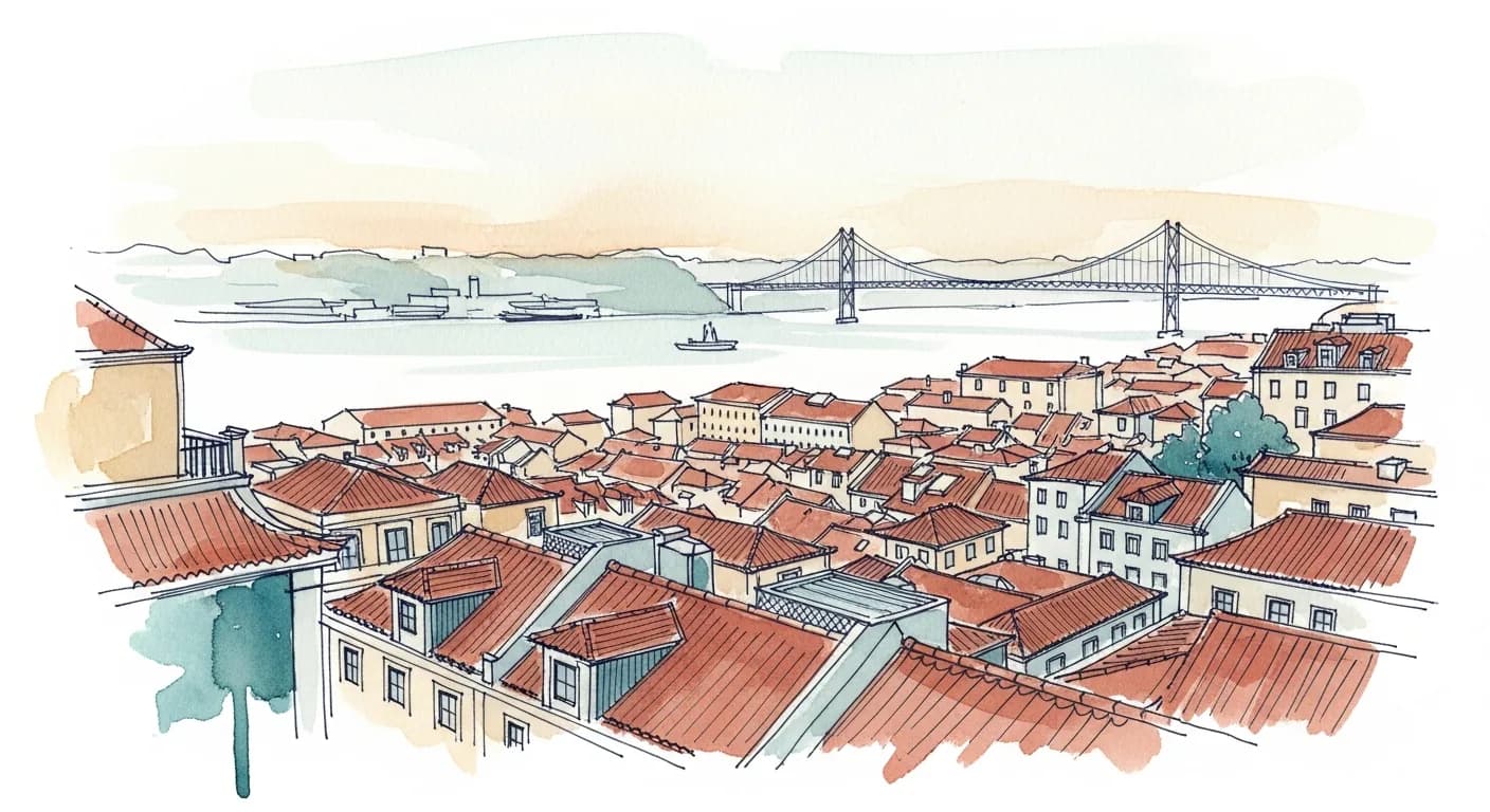 Watercolor painting of Lisbon rooftops descending to the Tagus river at dawn