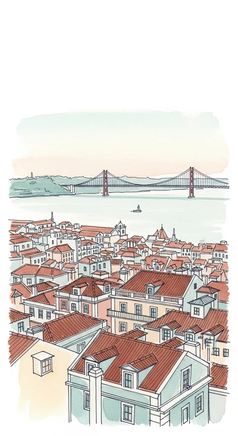Watercolor painting of Lisbon rooftops descending to the Tagus river at dawn