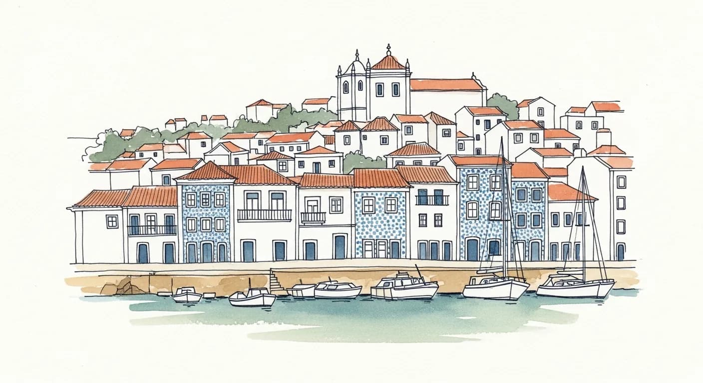 Watercolor painting of a Portuguese coastal town with azulejo-tiled facades above a quiet harbour