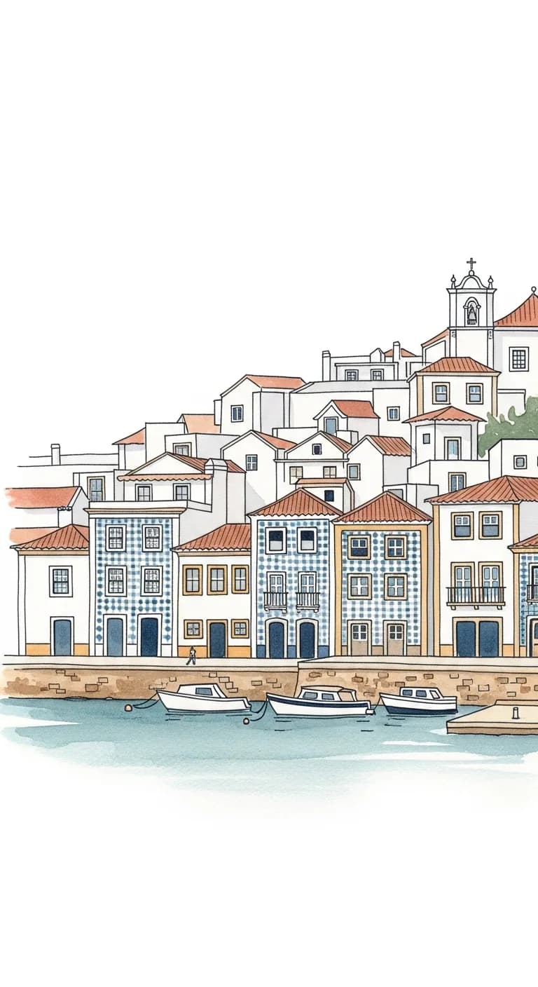 Watercolor painting of a Portuguese coastal town with azulejo-tiled facades above a quiet harbour