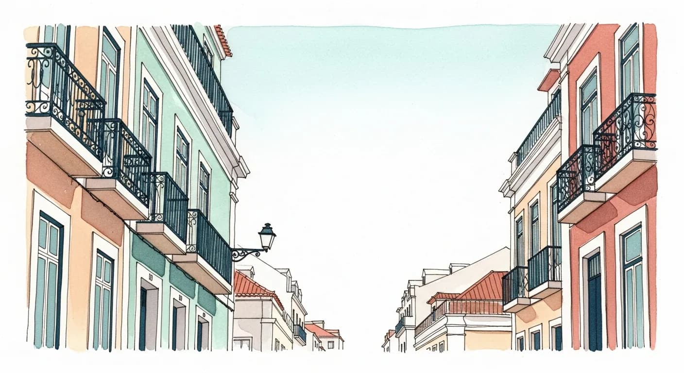 Watercolor painting of an elegant Lisbon Pombaline avenue of pastel townhouses with wrought-iron balconies under a calm open sky