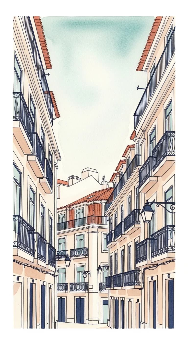 Watercolor painting of an elegant Lisbon Pombaline avenue of pastel townhouses with wrought-iron balconies under a calm open sky