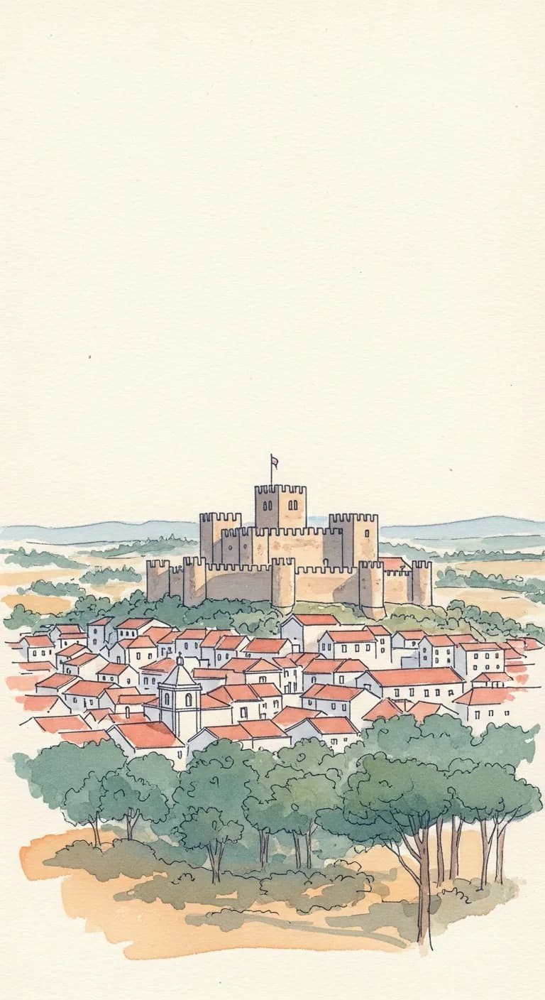 Watercolor painting of the medieval hilltop castle of Leiria above the old-town rooftops and surrounding pine plains