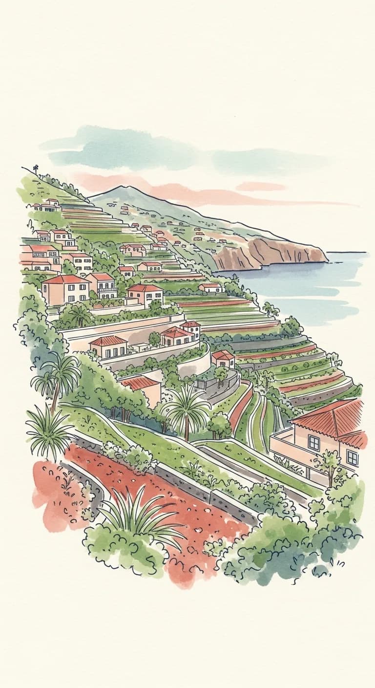 Watercolor painting of the terraced green hillsides of Funchal descending to a calm Atlantic bay in Madeira
