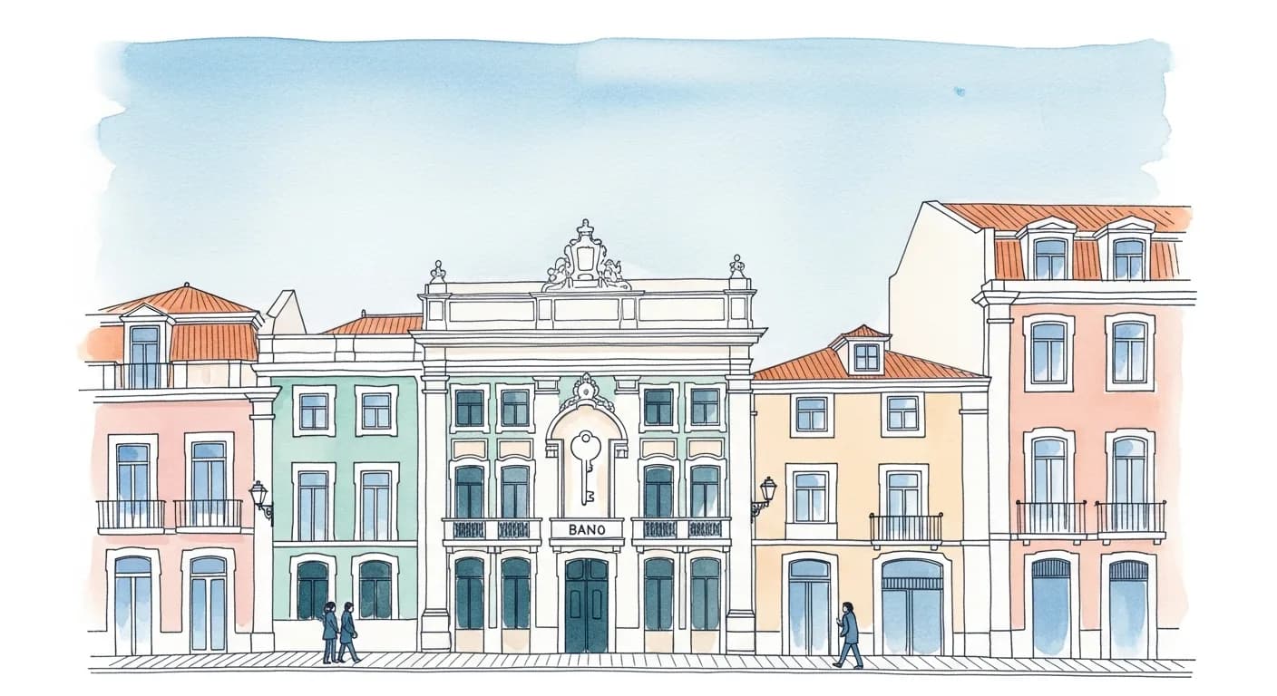 Watercolor painting of a dignified Portuguese neoclassical bank building beside pastel Lisbon townhouses on a quiet avenue under a wide open sky