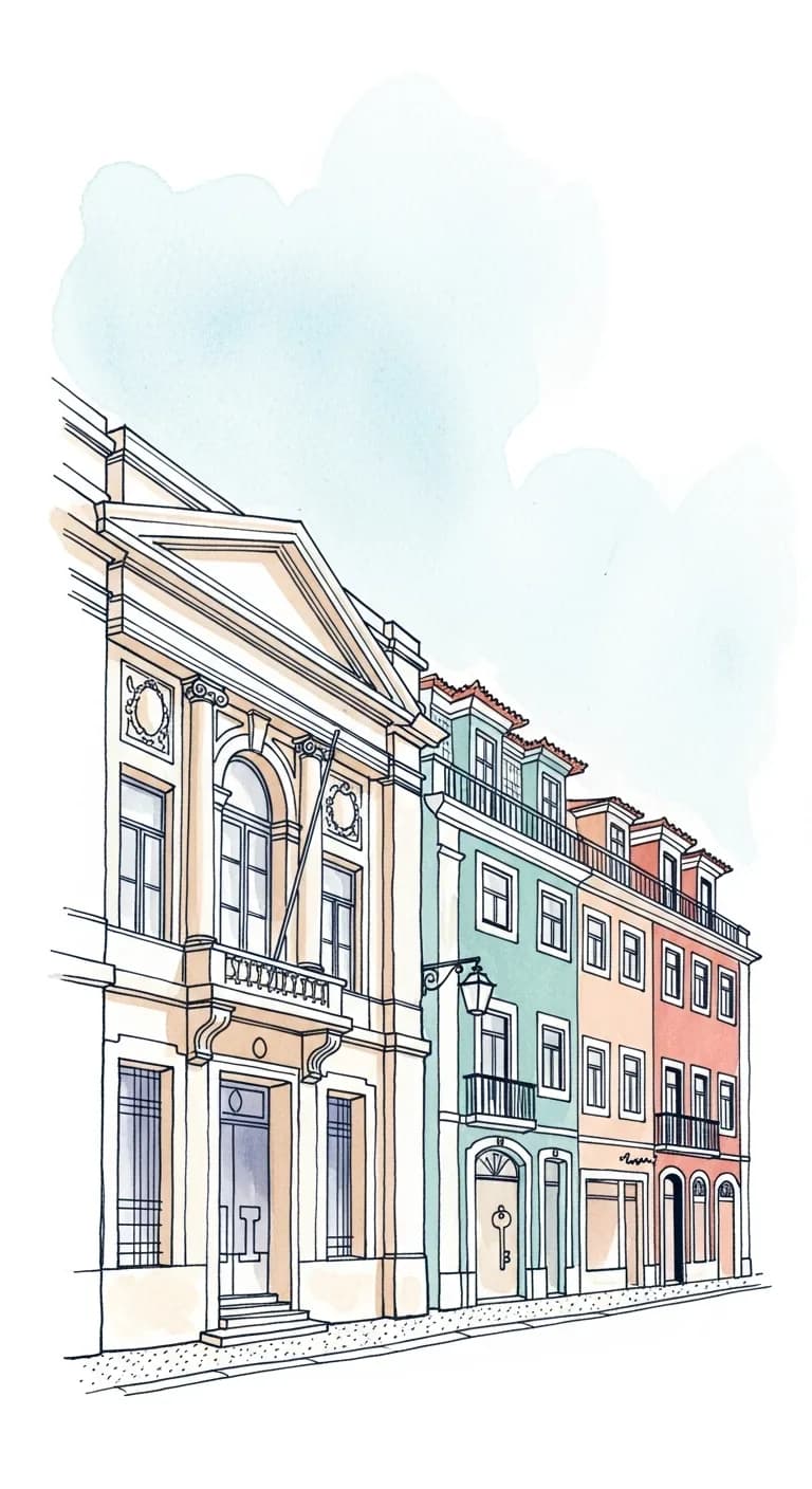 Watercolor painting of a dignified Portuguese neoclassical bank building beside pastel Lisbon townhouses on a quiet avenue under a wide open sky