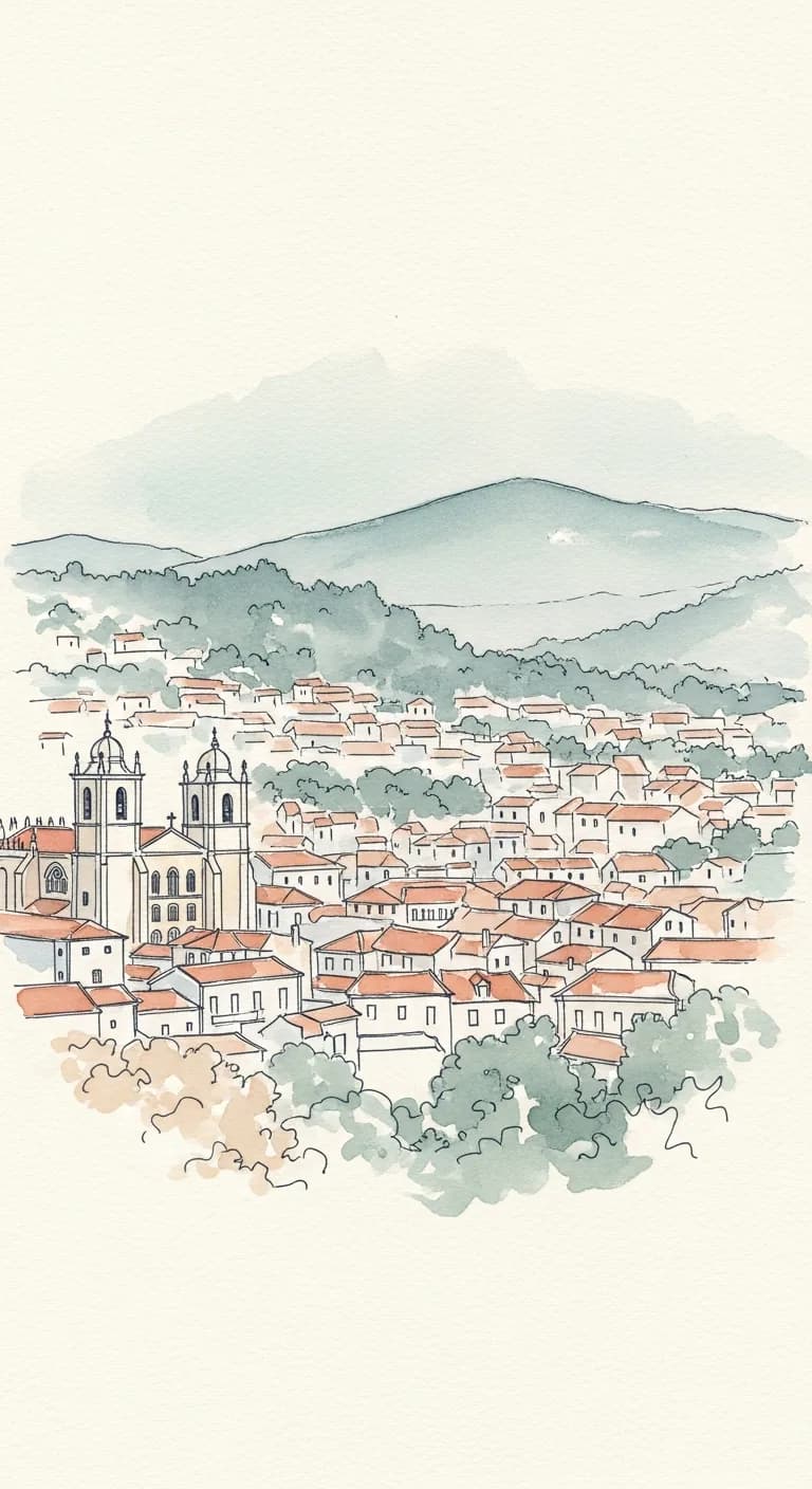 Watercolor painting of the old town of Portalegre below the wooded Serra de São Mamede mountains of the Alto Alentejo