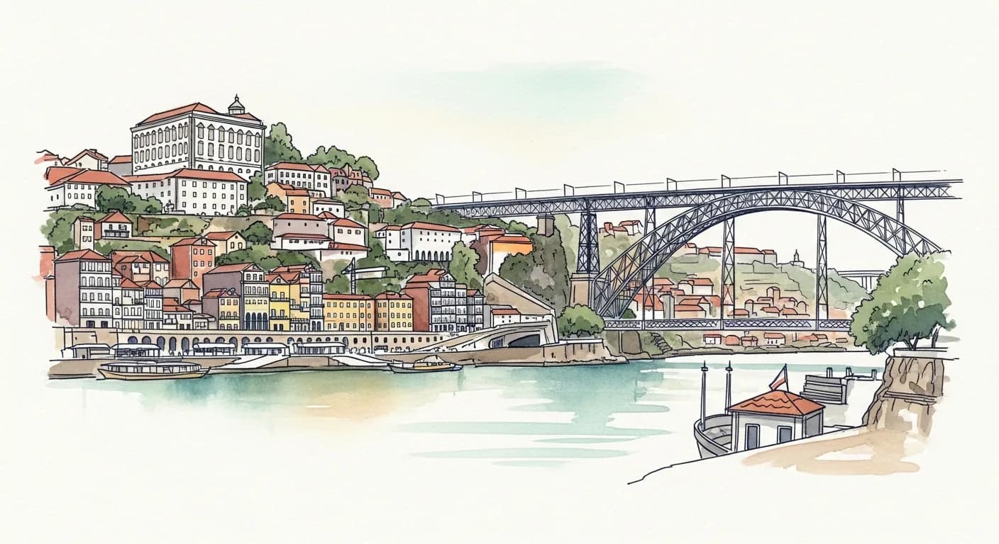 Watercolor painting of the Porto Ribeira riverfront with colorful houses along the Douro