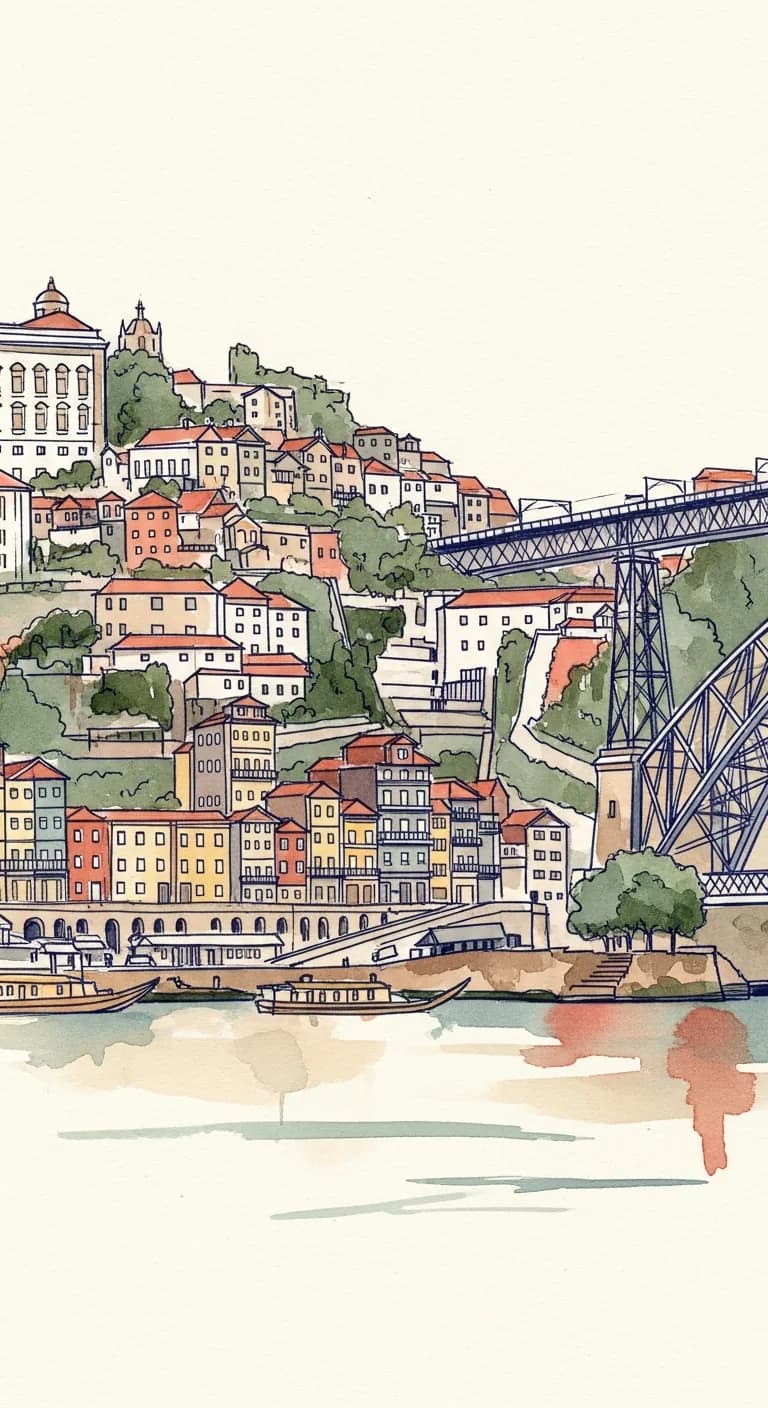 Watercolor painting of the Porto Ribeira riverfront with colorful houses along the Douro