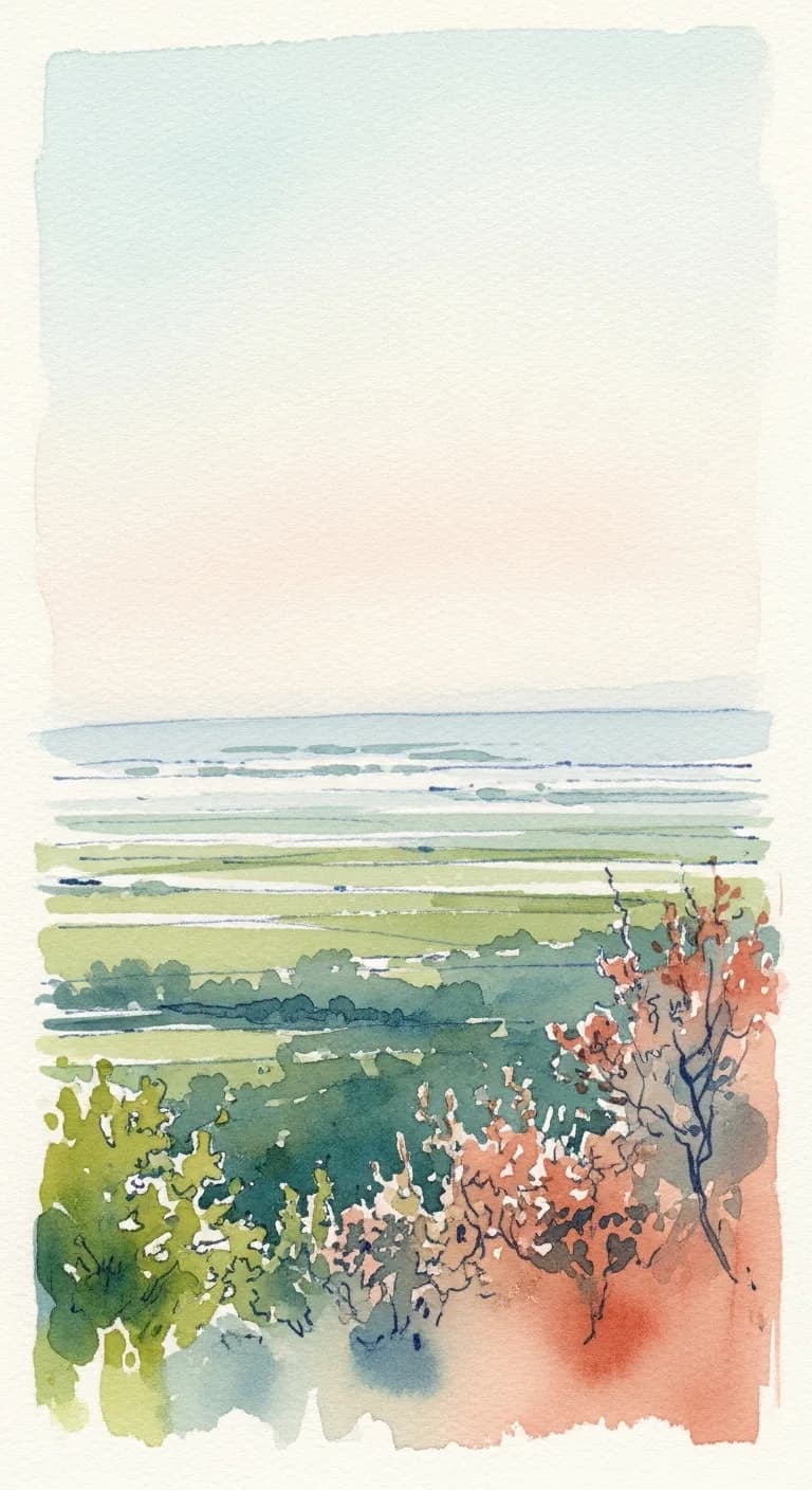 Watercolor painting of the Portas do Sol bluff at Santarém overlooking the wide green Tagus plain of the Ribatejo