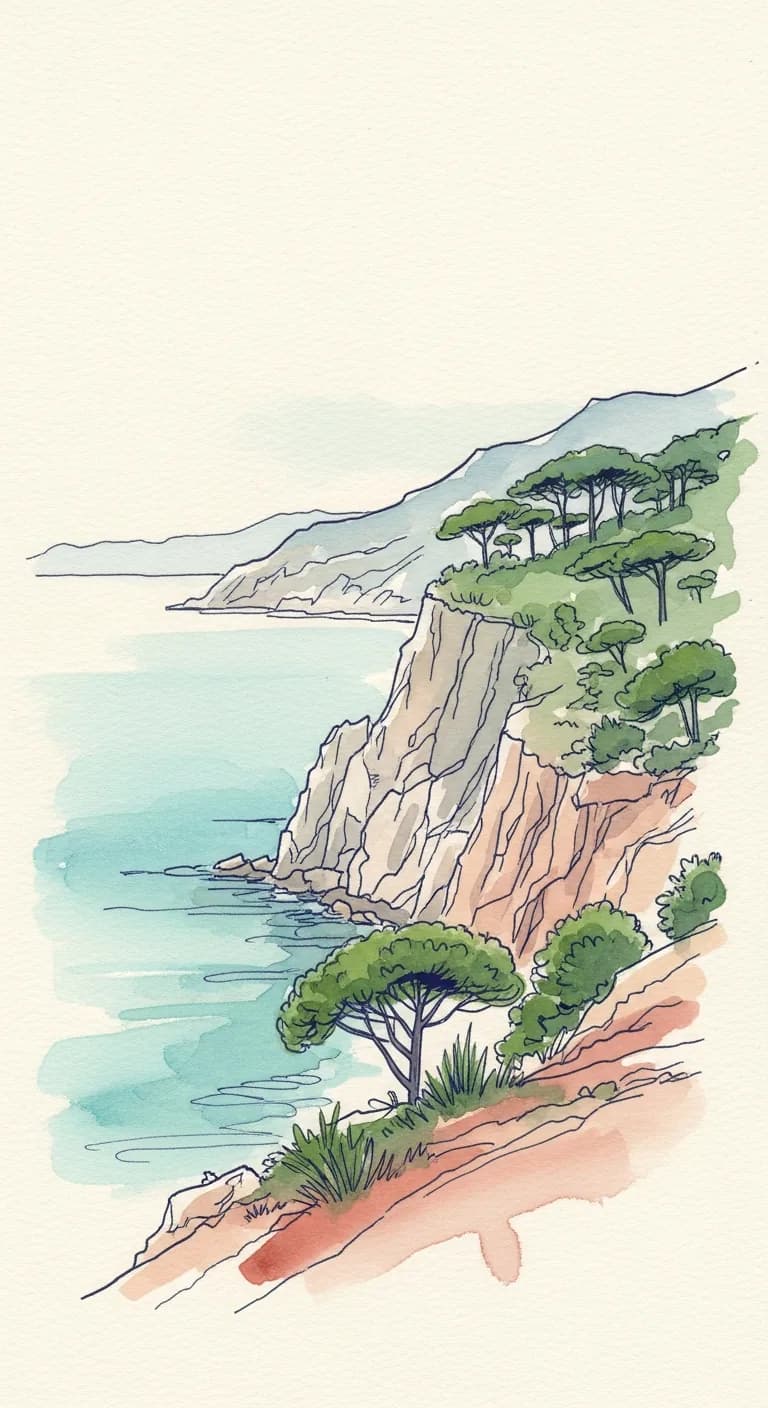 Watercolor painting of the pine-clad Arrábida cliffs dropping to the turquoise Sado estuary near Setúbal