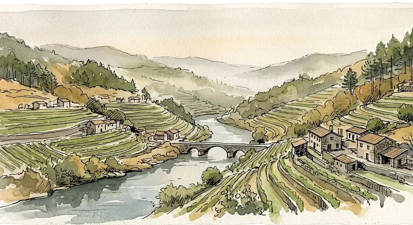 Watercolor painting of terraced vineyard slopes and granite farmhouses stepping down to the Tâmega river valley in northern Portugal
