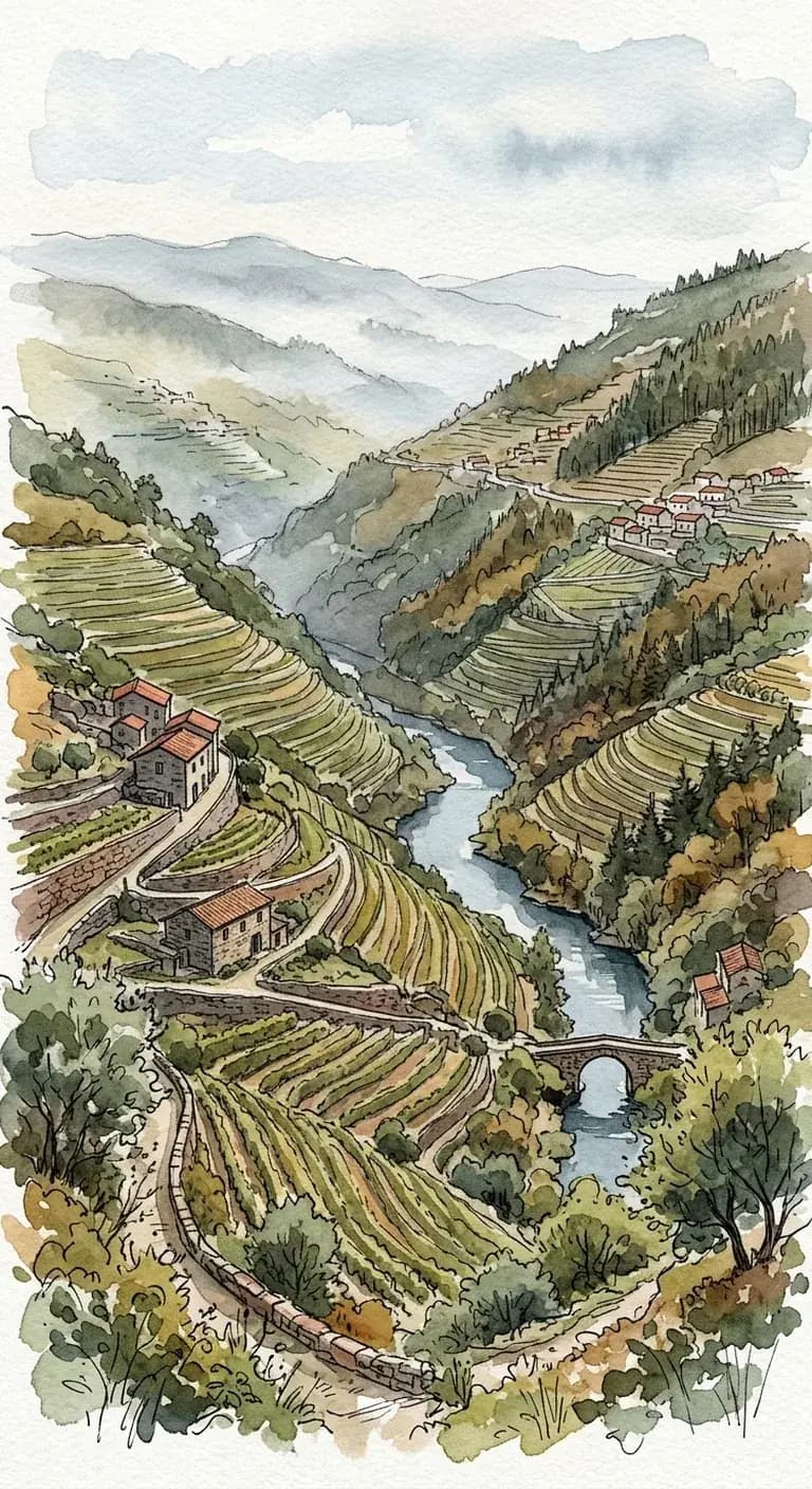 Watercolor painting of terraced vineyard slopes and granite farmhouses stepping down to the Tâmega river valley in northern Portugal