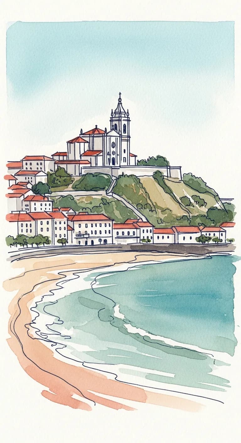 Watercolor painting of the hilltop Santa Luzia basilica above Viana do Castelo overlooking the Lima river mouth meeting the Atlantic