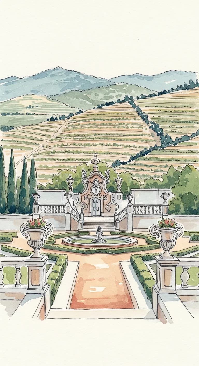 Watercolor painting of the Mateus palace gardens near Vila Real with terraced Douro vineyard slopes and the Marão mountains beyond