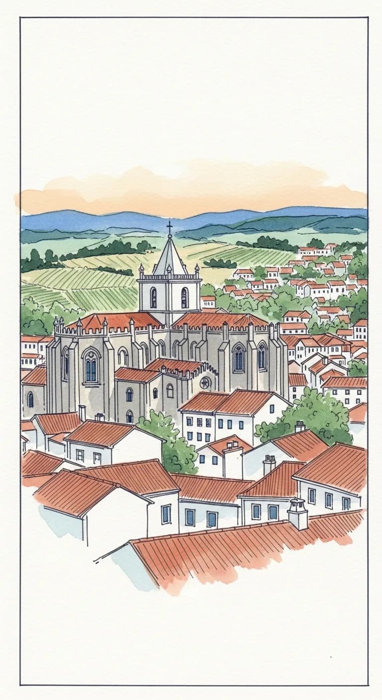 Watercolor painting of the granite Sé cathedral and old-town rooftops of Viseu above the rolling Dão vineyards