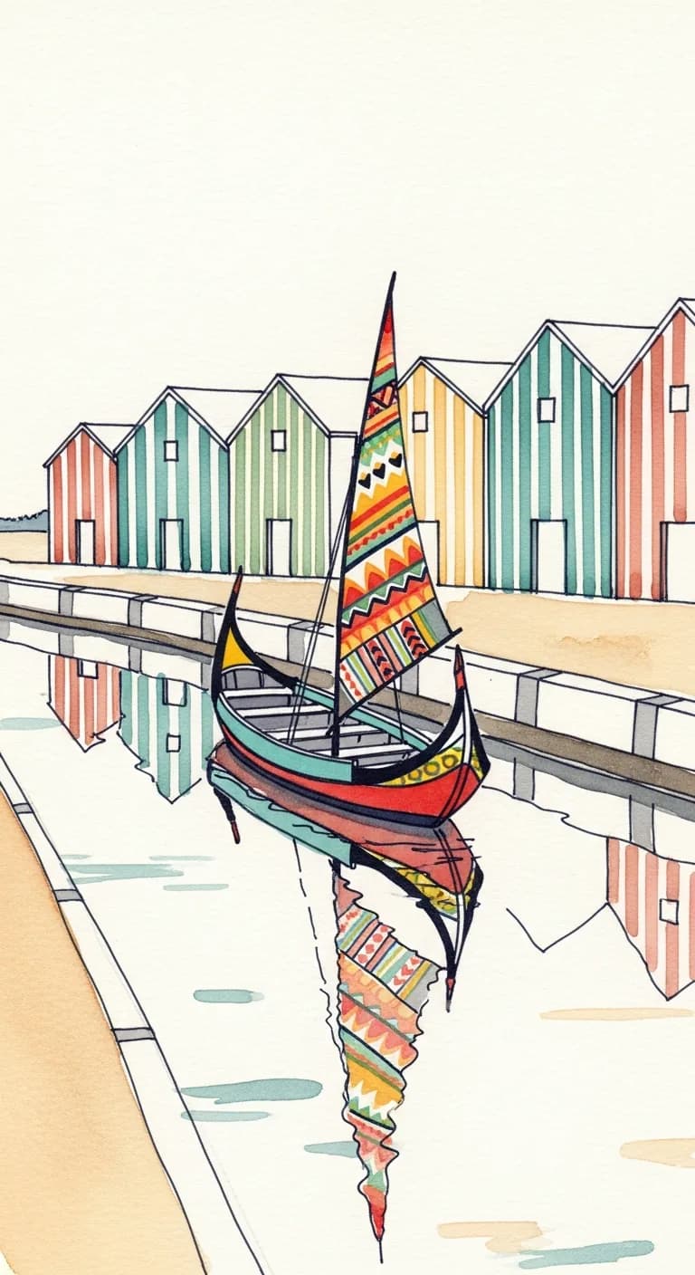 Watercolor painting of an Aveiro lagoon canal with a colourful moliceiro boat and striped Costa Nova beach houses