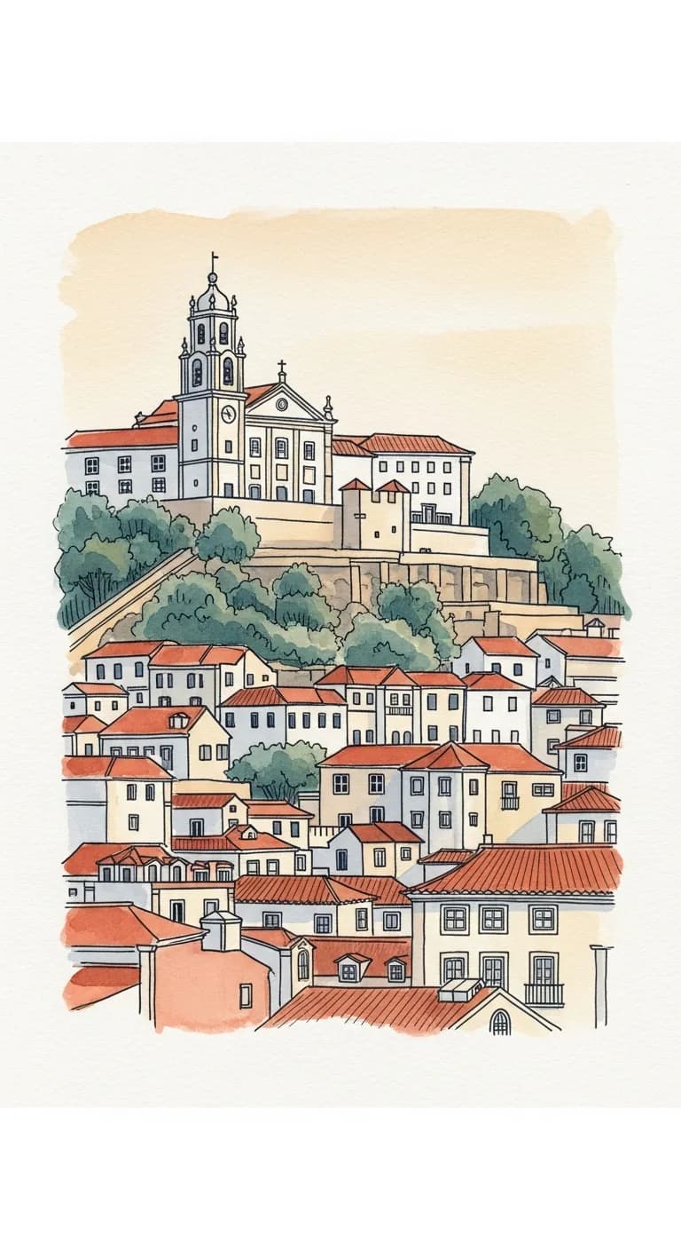 Watercolor painting of the University of Coimbra hilltop and bell tower rising above the old town and the Mondego river