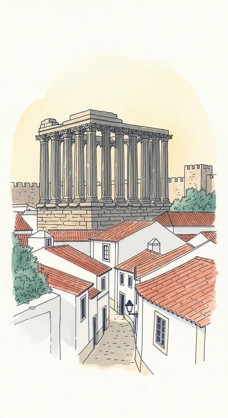 Watercolor painting of the Roman temple of Évora rising above whitewashed lanes and terracotta rooftops of the walled Alentejo town