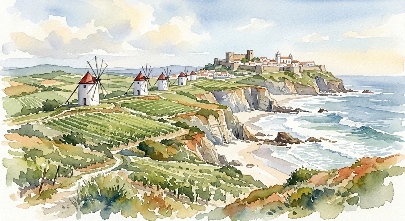 Watercolor painting of vineyard hills and a ridge-top windmill above the Atlantic surf beaches and white cliffs of the Silver Coast north of Lisbon