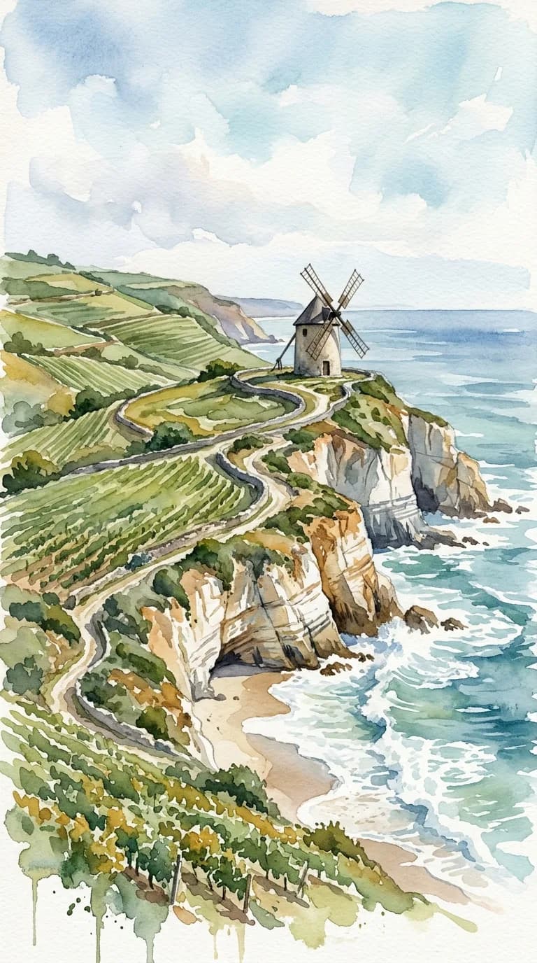 Watercolor painting of vineyard hills and a ridge-top windmill above the Atlantic surf beaches and white cliffs of the Silver Coast north of Lisbon